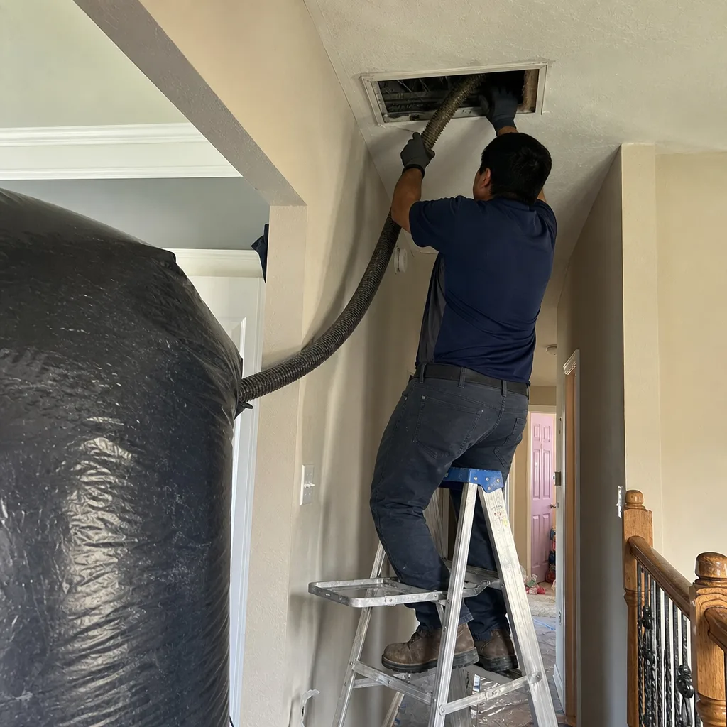 Technician performing professional air duct cleaning service with vacuum equipment