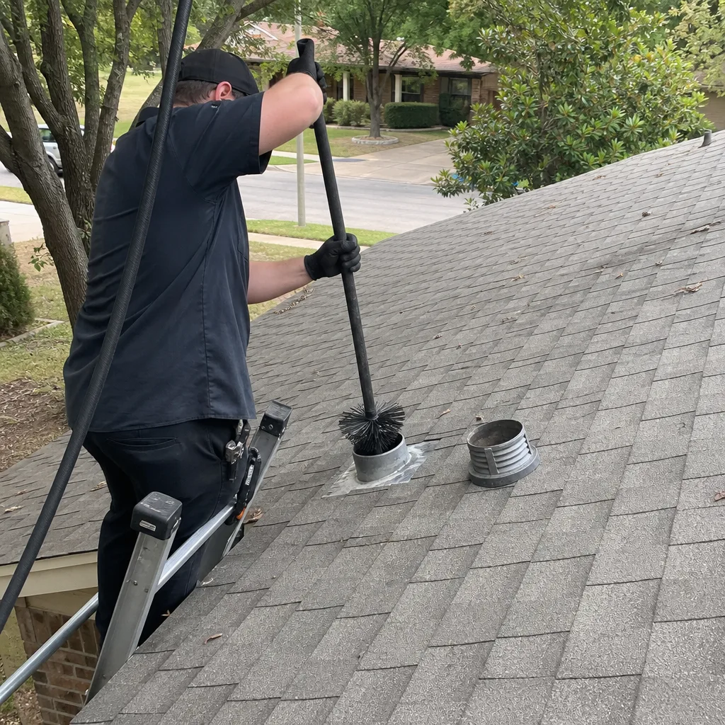 Technician performing professional dryer vent cleaning service from a residential roof