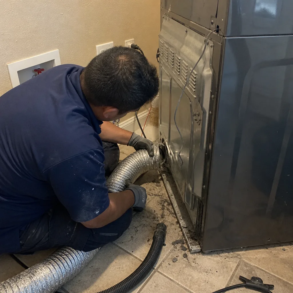 Technician performing professional dryer vent cleaning service on a laundry appliance
