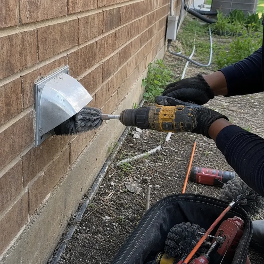 Professional technician performing dryer vent cleaning with a drill brush attachment